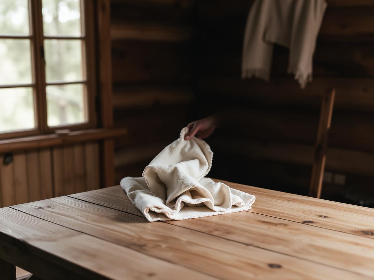 Hands folding a cream linen towel on a cabin table