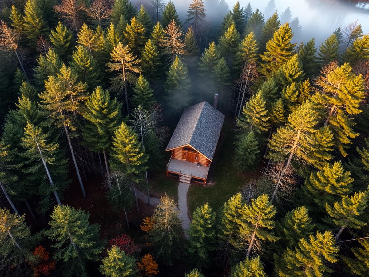 Aerial of a small log cabin in a Wisconsin pine forest